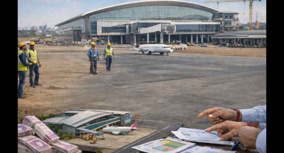 Airport construction site in Nanded with terminal building, aircraft on runway, and airport model with currency bundles in foreground.