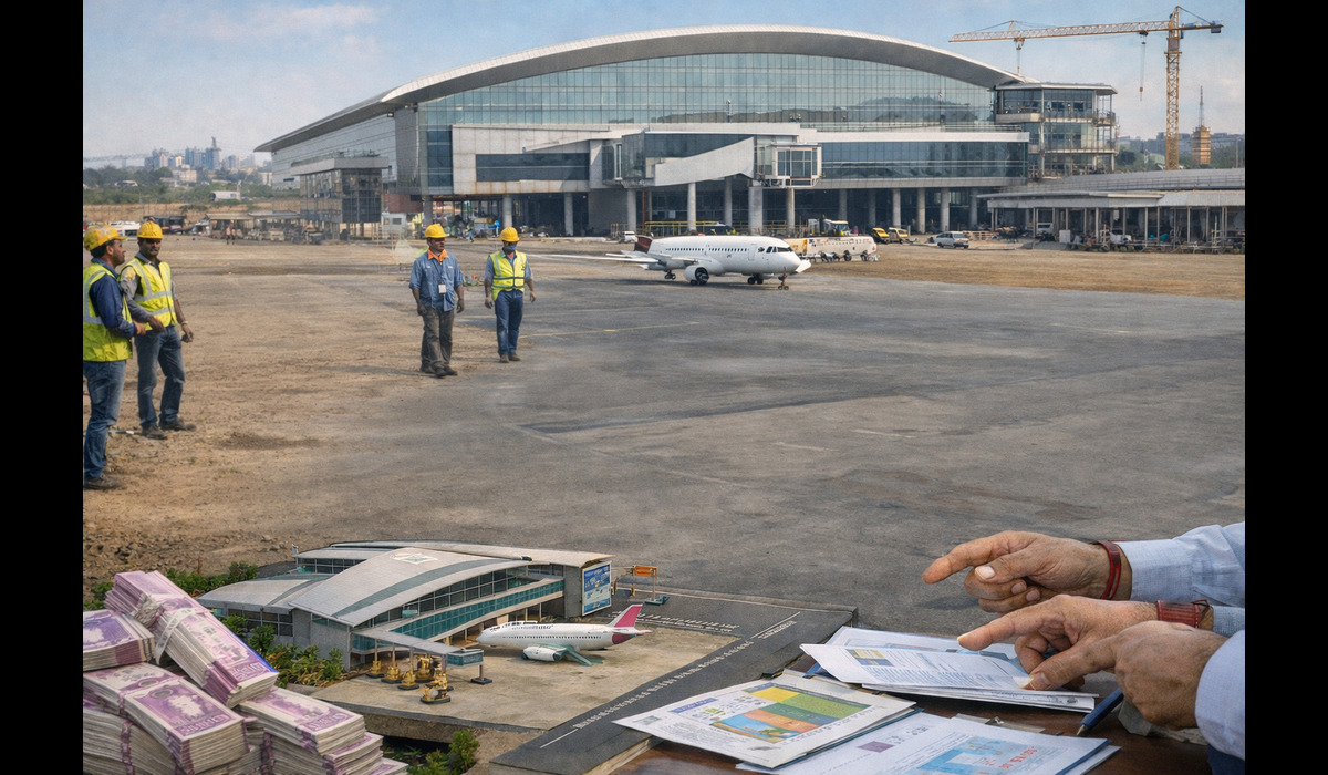 Airport construction site in Nanded with terminal building, aircraft on runway, and airport model with currency bundles in foreground.
