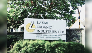 Laxmi Organic Industries plant signboard at MIDC Lote Parshuram industrial area in Ratnagiri Maharashtra.