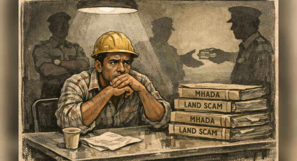 म्हाडा भूखंड घोटाळा तपासात पोलीस चौकशीदरम्यान चिंताग्रस्त बांधकाम व्यावसायिक आणि पार्श्वभूमीत पैशांची देवाणघेवाण सूचित करणारे दृश्य