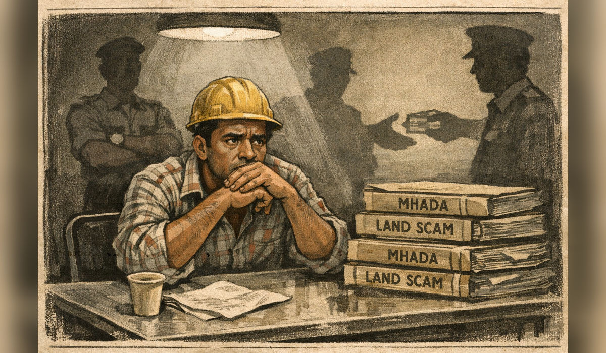 म्हाडा भूखंड घोटाळा तपासात पोलीस चौकशीदरम्यान चिंताग्रस्त बांधकाम व्यावसायिक आणि पार्श्वभूमीत पैशांची देवाणघेवाण सूचित करणारे दृश्य