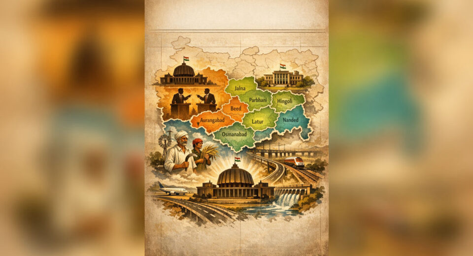 Editorial illustration of the Marathwada region map showing district divisions along with symbolic elements of farmers, infrastructure (railways, roads, airport), and political activity
