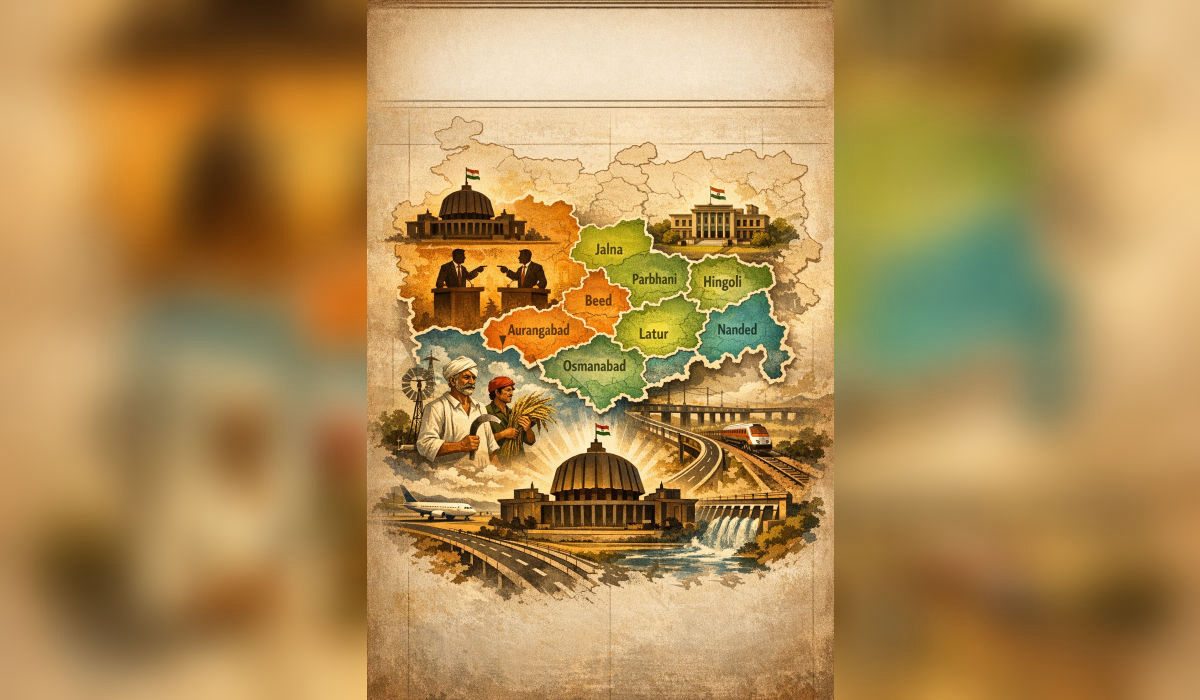 Editorial illustration of the Marathwada region map showing district divisions along with symbolic elements of farmers, infrastructure (railways, roads, airport), and political activity