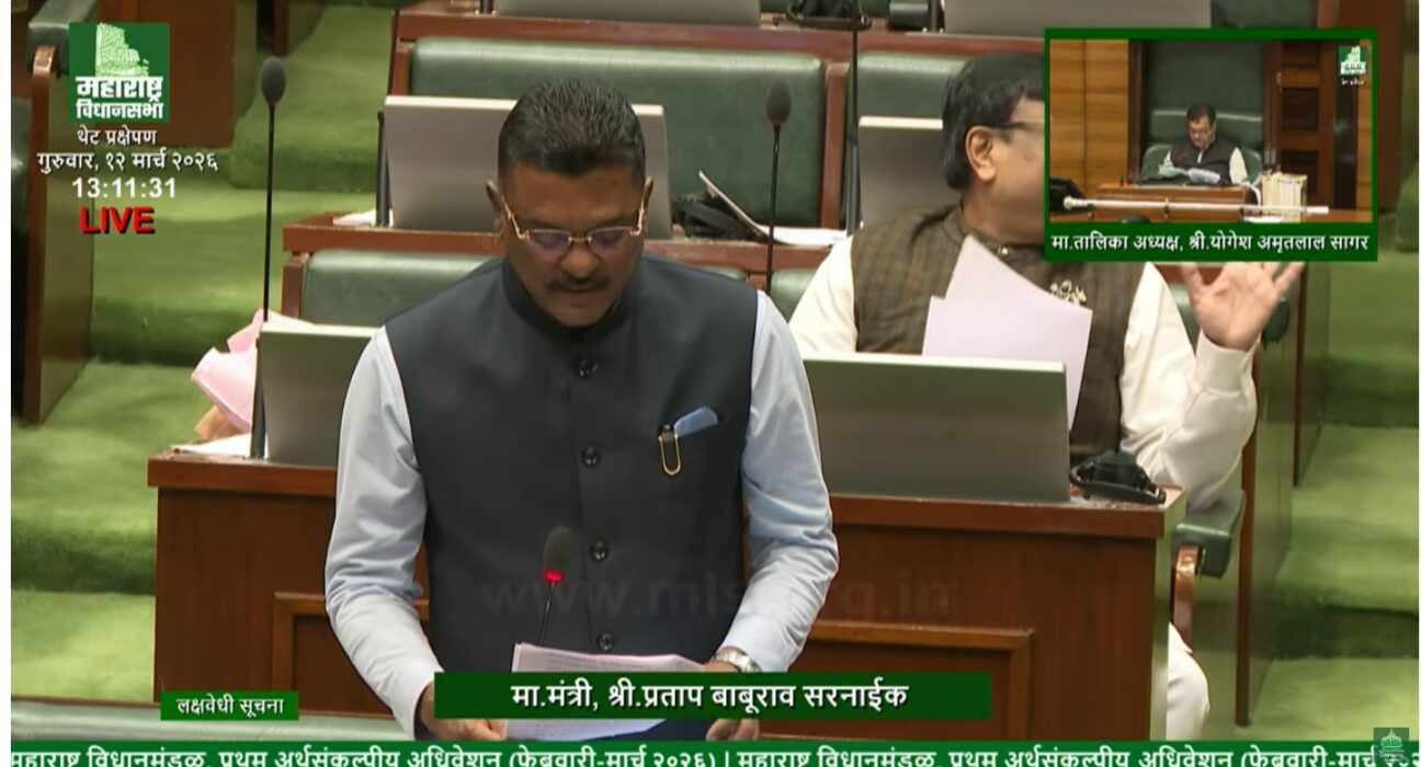 Pratap Sarnaik speaking in the Maharashtra Legislative Assembly while announcing the PPP-based redevelopment of ST Corporation land across the state.