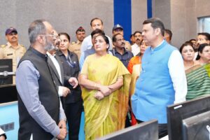 Sunetra Pawar with Maharashtra Chief Minister Devendra Fadnavis during a review meeting in Pune.