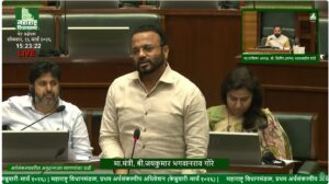 Maharashtra Rural Development Minister Jaykumar Gore speaking in the Maharashtra Assembly during a discussion on rural infrastructure and Mukhyamantri Sadak Yojana.