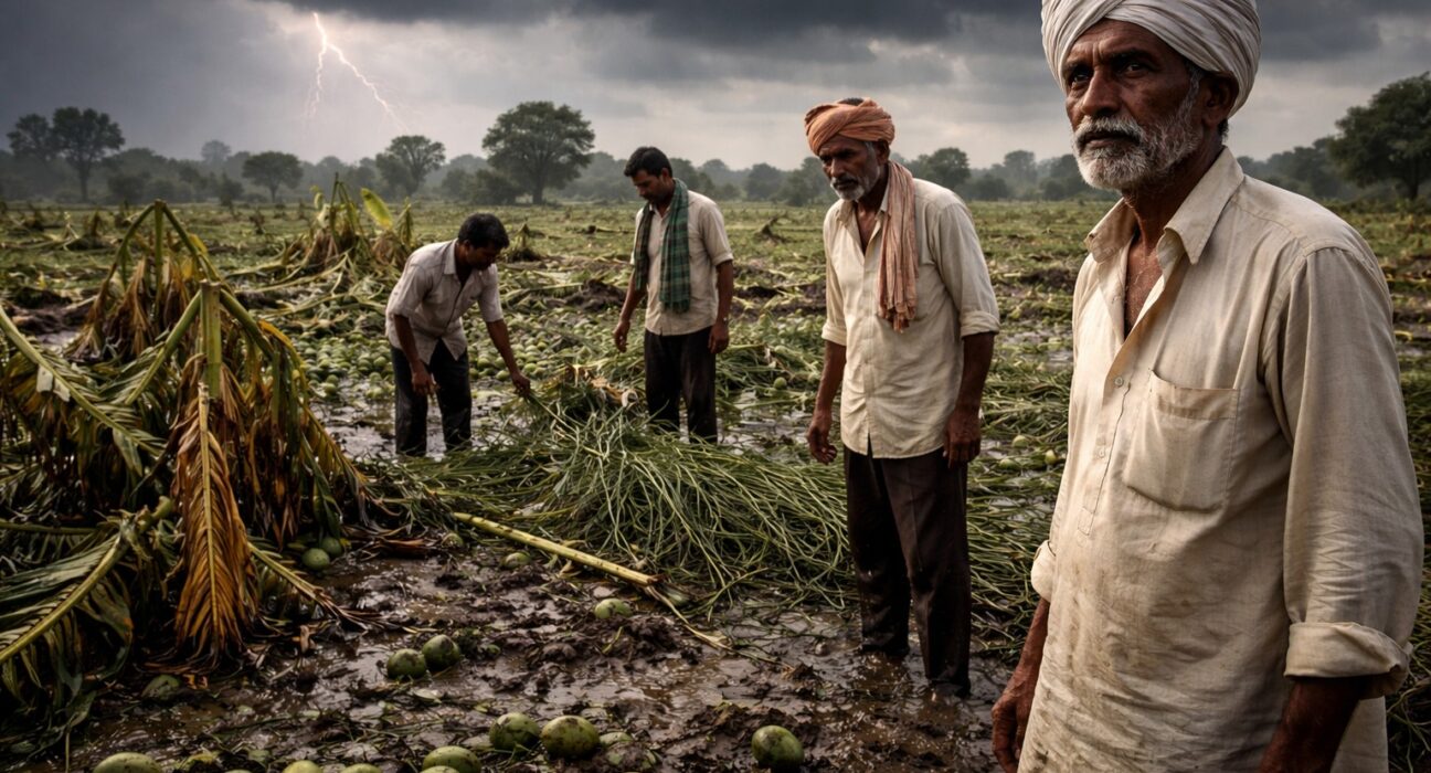 Farmers in Marathwada standing in rain-damaged fields after unseasonal rain and hailstorm affecting crops
