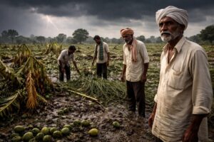 Farmers in Marathwada standing in rain-damaged fields after unseasonal rain and hailstorm affecting crops
