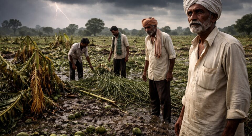 Farmers in Marathwada standing in rain-damaged fields after unseasonal rain and hailstorm affecting crops