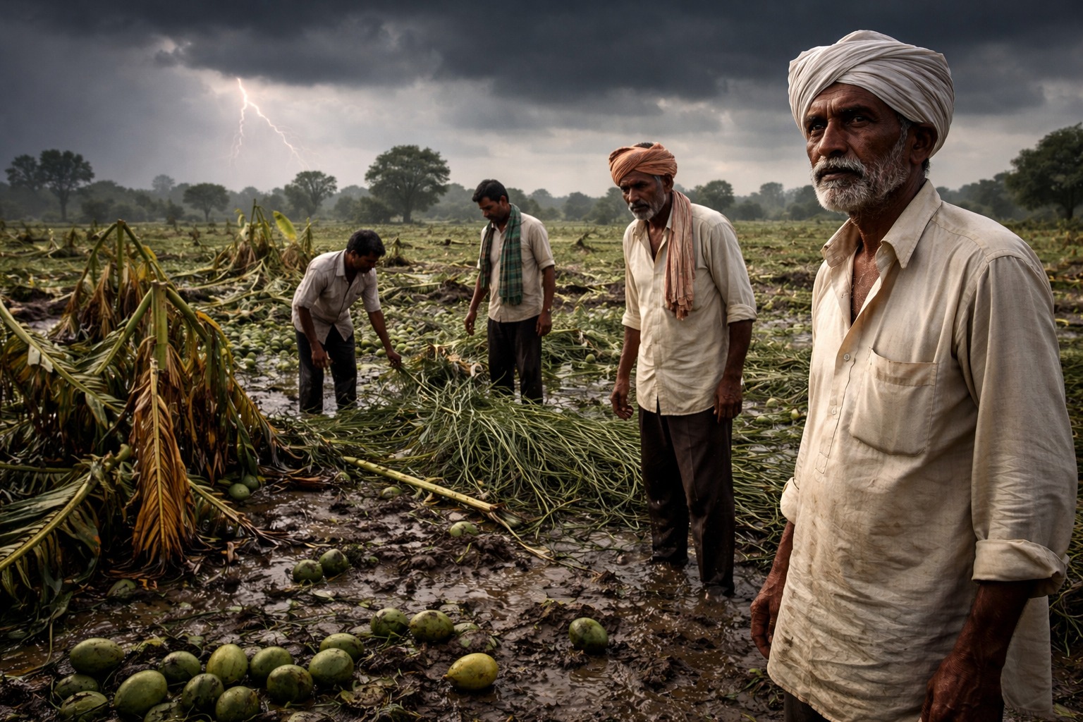 Farmers in Marathwada standing in rain-damaged fields after unseasonal rain and hailstorm affecting crops