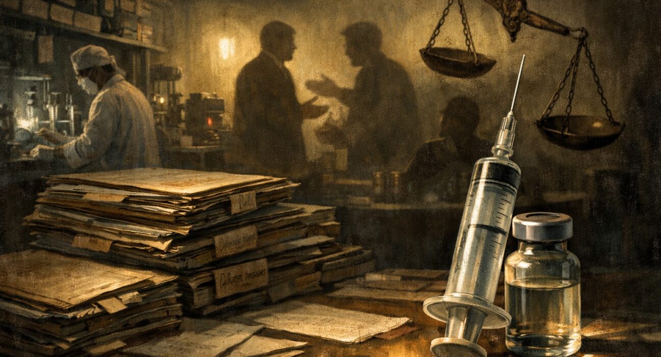 Editorial illustration of corruption allegations inside a government vaccine laboratory in Maharashtra