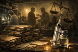 Editorial illustration of corruption allegations inside a government vaccine laboratory in Maharashtra