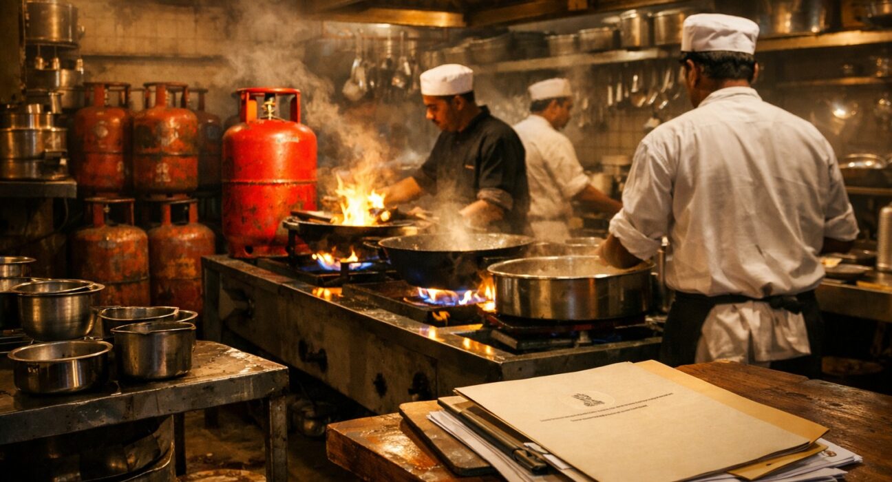 Busy Indian commercial kitchen with chefs working on gas burners and LPG cylinders, representing increased LPG supply for hotels and restaurants in Maharashtra