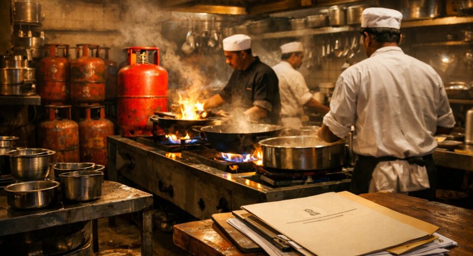 Busy Indian commercial kitchen with chefs working on gas burners and LPG cylinders, representing increased LPG supply for hotels and restaurants in Maharashtra