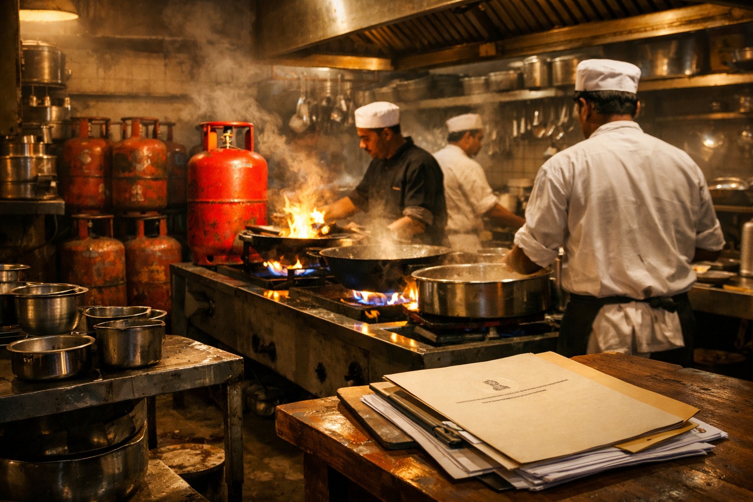 Busy Indian commercial kitchen with chefs working on gas burners and LPG cylinders, representing increased LPG supply for hotels and restaurants in Maharashtra