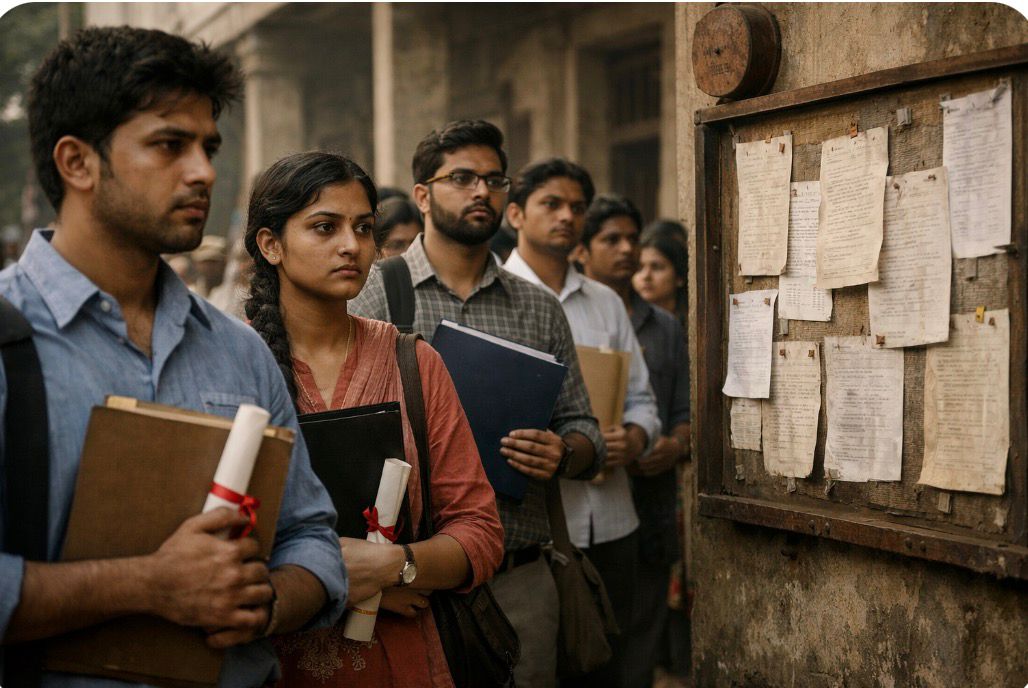 Young Indian candidates holding degrees and documents stand in a queue outside a college notice board during professor recruitment process, symbolising competition and system pressure in higher education