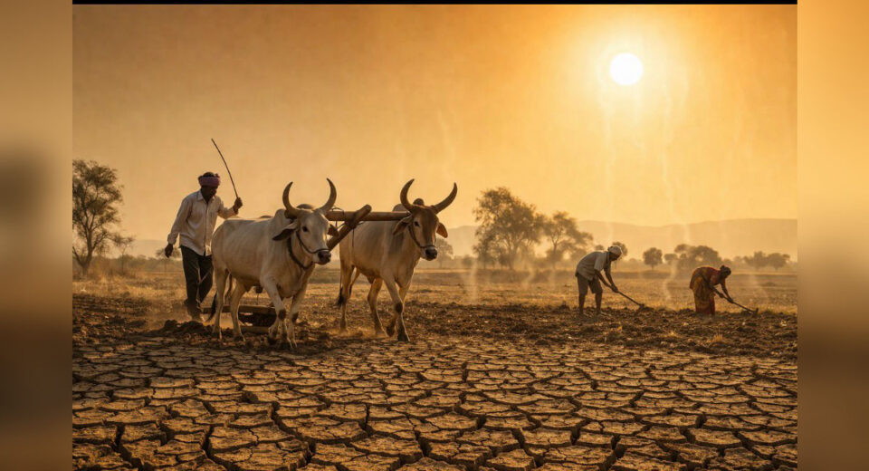 Farmers working in early morning under intense summer heat in Marathwada, with cracked dry land and rising sun highlighting harsh drought conditions