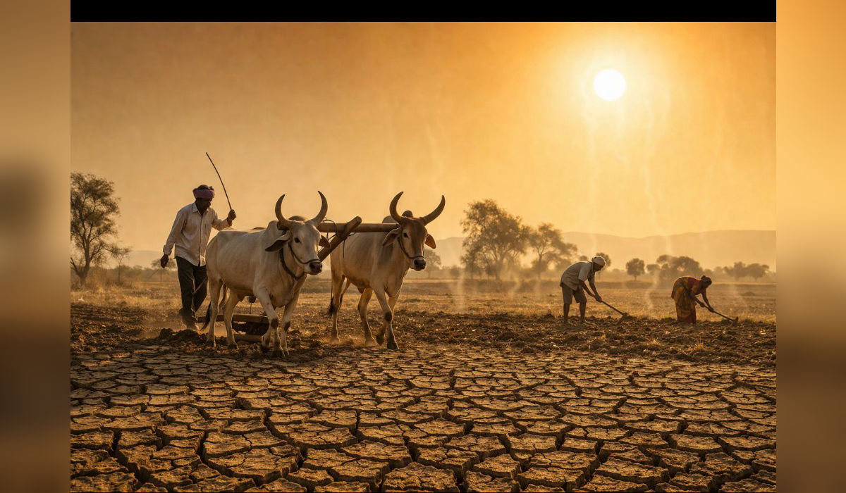 Farmers working in early morning under intense summer heat in Marathwada, with cracked dry land and rising sun highlighting harsh drought conditions