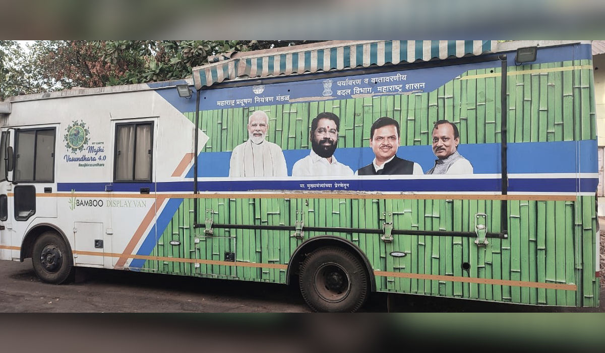 MPCB Majhi Vasundhara bamboo display van parked idle in Mahad, showing images of political leaders and environmental campaign branding