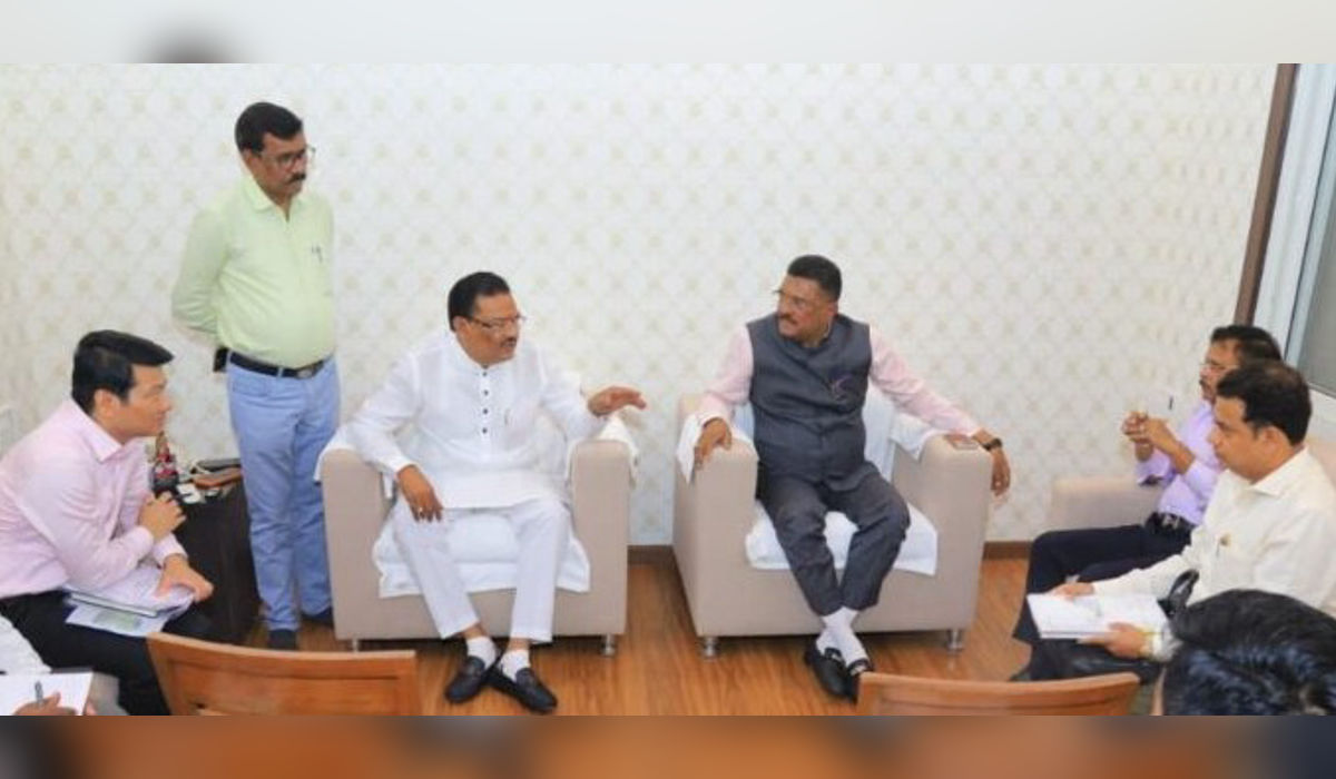 Social Justice Minister Sanjay Shirsat and Transport Minister Pratap Sarnaik during a meeting in Mumbai discussing Ambedkar memorial project in Mira Bhayandar