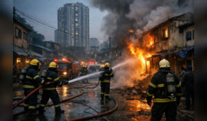 Firefighters controlling a major fire in a densely populated urban area in Mumbai