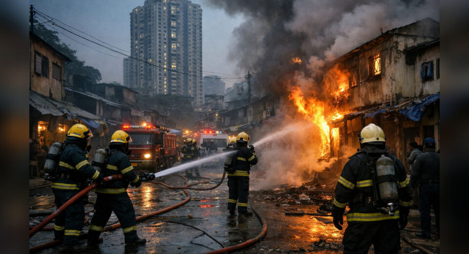 Firefighters controlling a major fire in a densely populated urban area in Mumbai