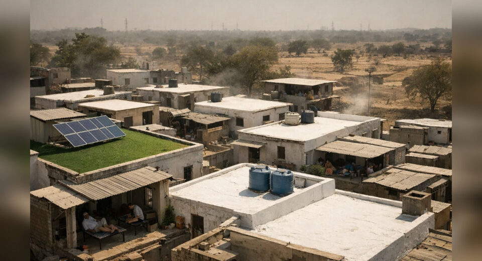 Government officials reviewing housing plans and heat maps under Maharashtra’s climate-resilient housing policy framework