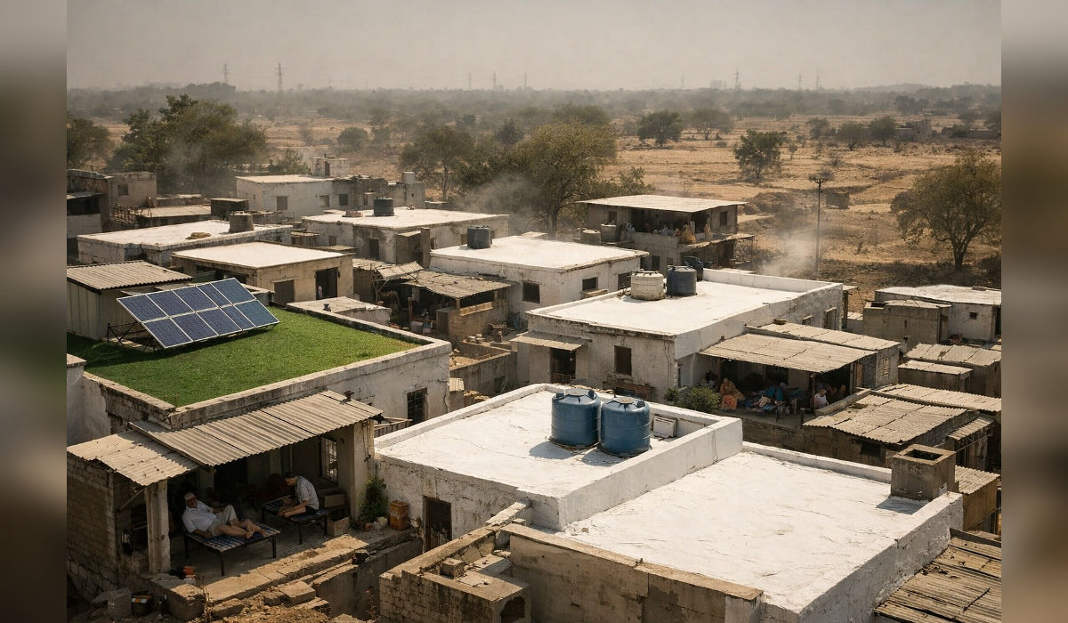 Government officials reviewing housing plans and heat maps under Maharashtra’s climate-resilient housing policy framework