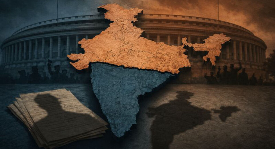 India map divided into North and South regions with Parliament silhouette and symbolic Epstein Files shadow, representing political tension over delimitation and women’s bill