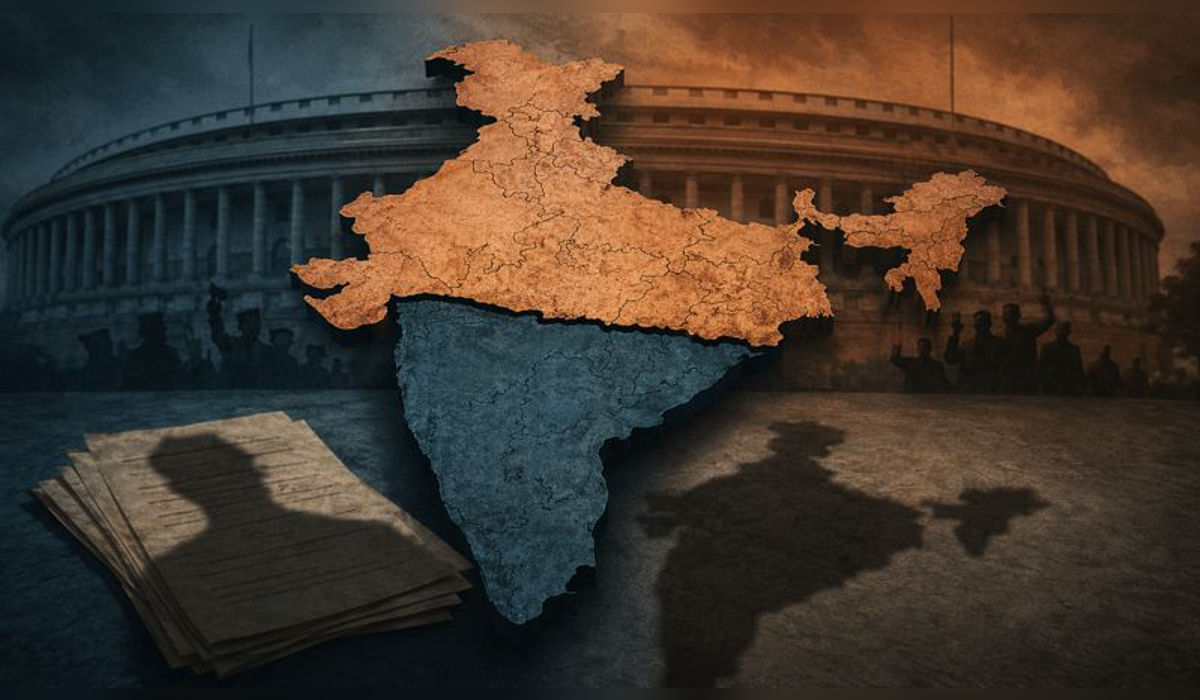 India map divided into North and South regions with Parliament silhouette and symbolic Epstein Files shadow, representing political tension over delimitation and women’s bill