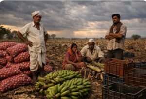 Marathwada farmers standing in dry farmland with unsold banana bunches and onion sacks under stormy skies, showing crop distress and market failure.