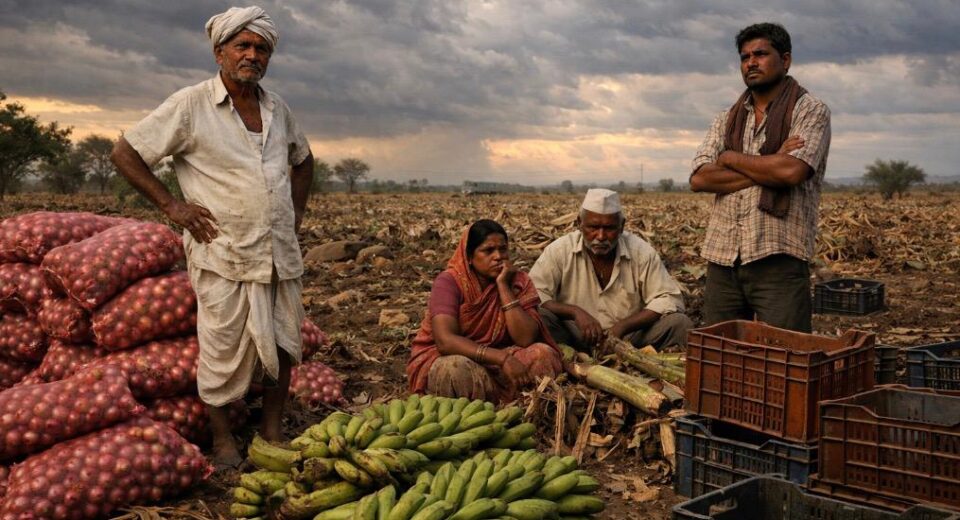Marathwada farmers standing in dry farmland with unsold banana bunches and onion sacks under stormy skies, showing crop distress and market failure.