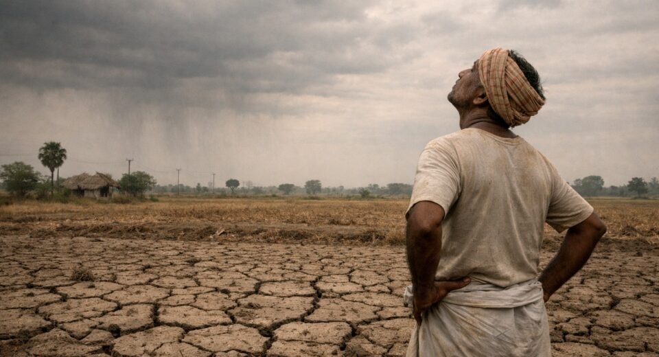 Indian farmer standing in a dry, cracked field looking at cloudy sky, symbolising weak monsoon and El Nino impact in India