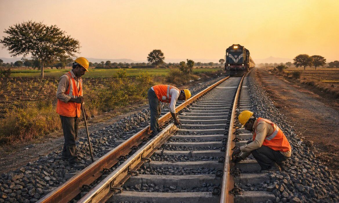New railway track nearing completion in rural Maharashtra, symbolizing long delayed infrastructure project