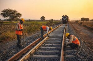 New railway track nearing completion in rural Maharashtra, symbolizing long delayed infrastructure project