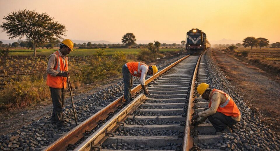 New railway track nearing completion in rural Maharashtra, symbolizing long delayed infrastructure project
