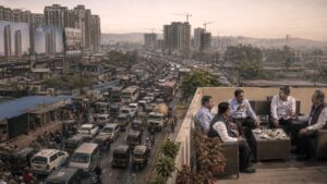 कल्याण-शीळ रस्त्यावर वाहतूककोंडीत अडकलेली वाहने आणि आजूबाजूला सुरू असलेले बांधकाम प्रकल्प