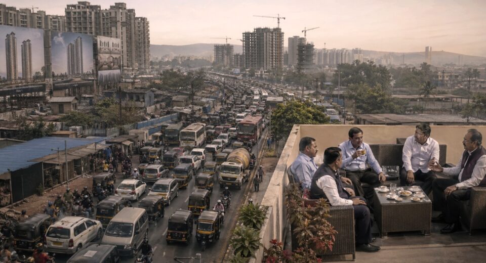 कल्याण-शीळ रस्त्यावर वाहतूककोंडीत अडकलेली वाहने आणि आजूबाजूला सुरू असलेले बांधकाम प्रकल्प