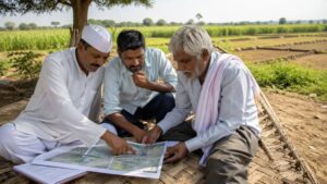 Farmers in rural Maharashtra discussing ancestral farmland partition with land documents and maps