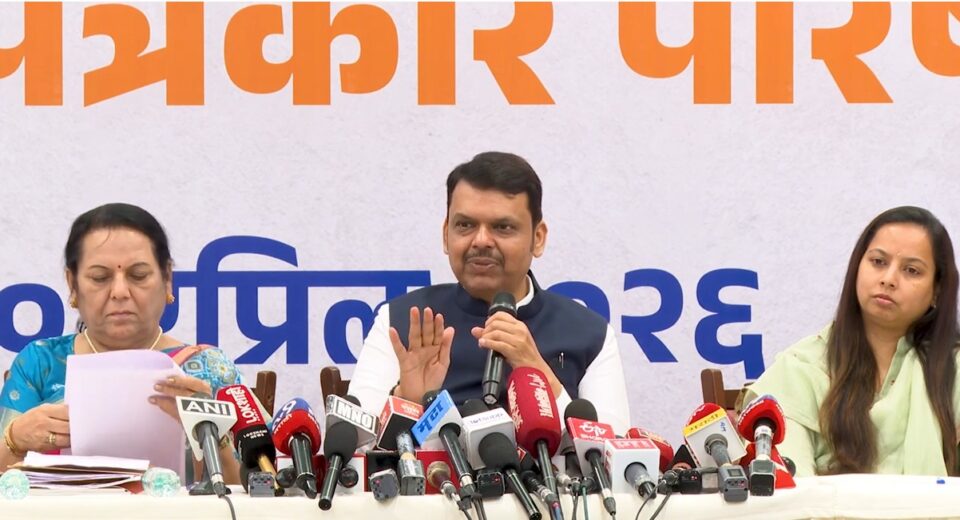 Devendra Fadnavis addressing a press conference on women’s reservation issue in Maharashtra