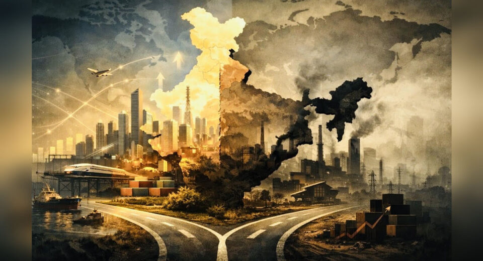 India at economic crossroads showing contrast between growth potential and industrial challenges in global economy