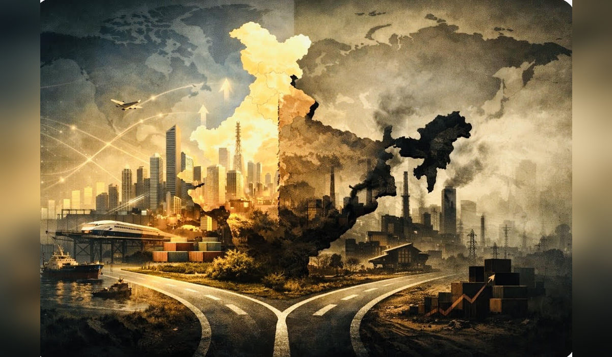 India at economic crossroads showing contrast between growth potential and industrial challenges in global economy