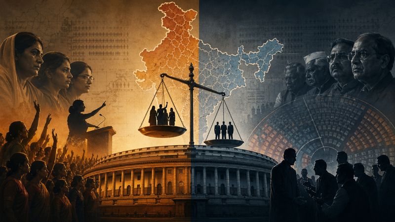 Editorial illustration depicting India divided over women’s reservation and delimitation debate, showing Parliament, political leaders, and symbolic balance of representation