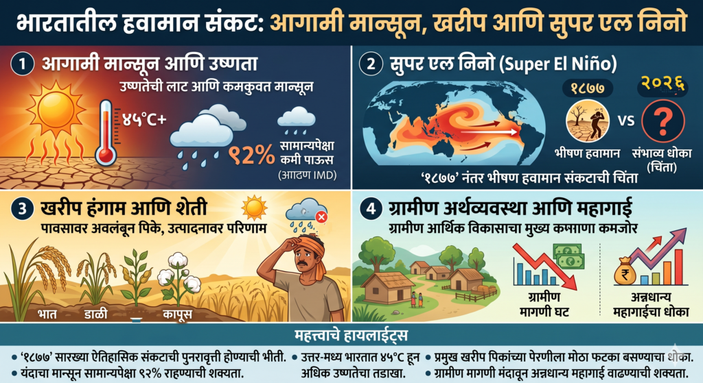 Infographic explaining impact of Super El Nino on India’s monsoon, agriculture, and rural economy