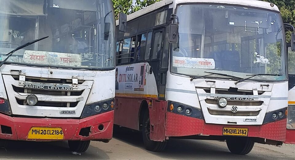 MSRTC buses parked at Mahad depot highlighting shortage of drivers and conductors affecting services