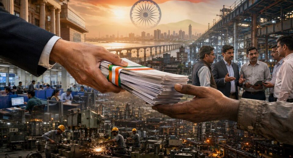 Editorial illustration representing the Government of India’s ECLGS 5.0 financial relief scheme for MSME and industrial sectors.