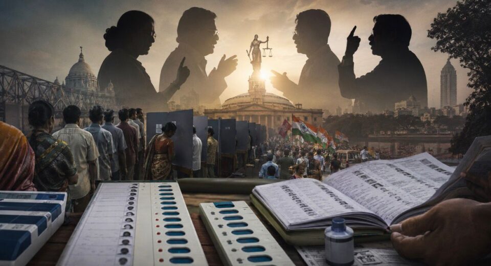 पश्चिम बंगाल निवडणूक आणि SIR वादाचे प्रतीकात्मक राजकीय चित्रण.