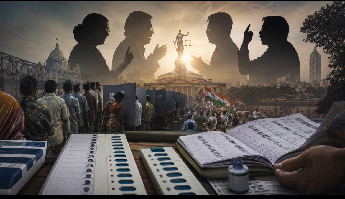 पश्चिम बंगाल निवडणूक आणि SIR वादाचे प्रतीकात्मक राजकीय चित्रण.