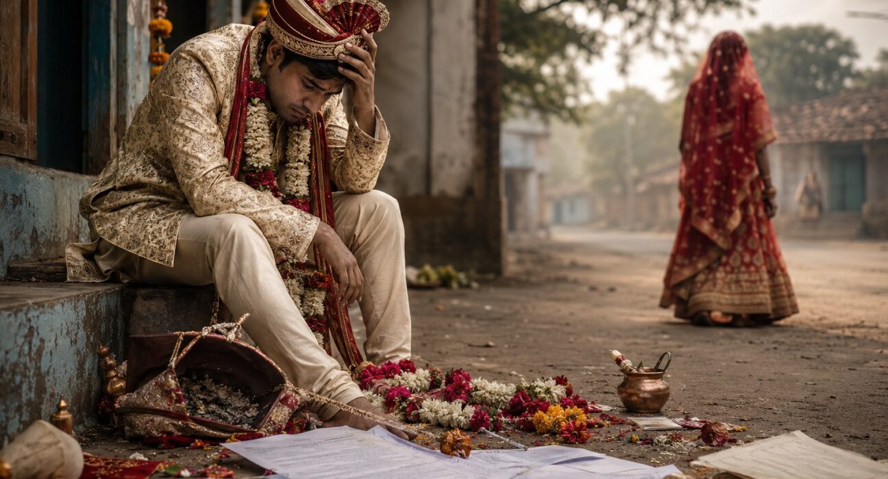 Distraught groom sitting after an alleged marriage fraud incident, with wedding decorations and documents scattered in a rural Maharashtra setting
