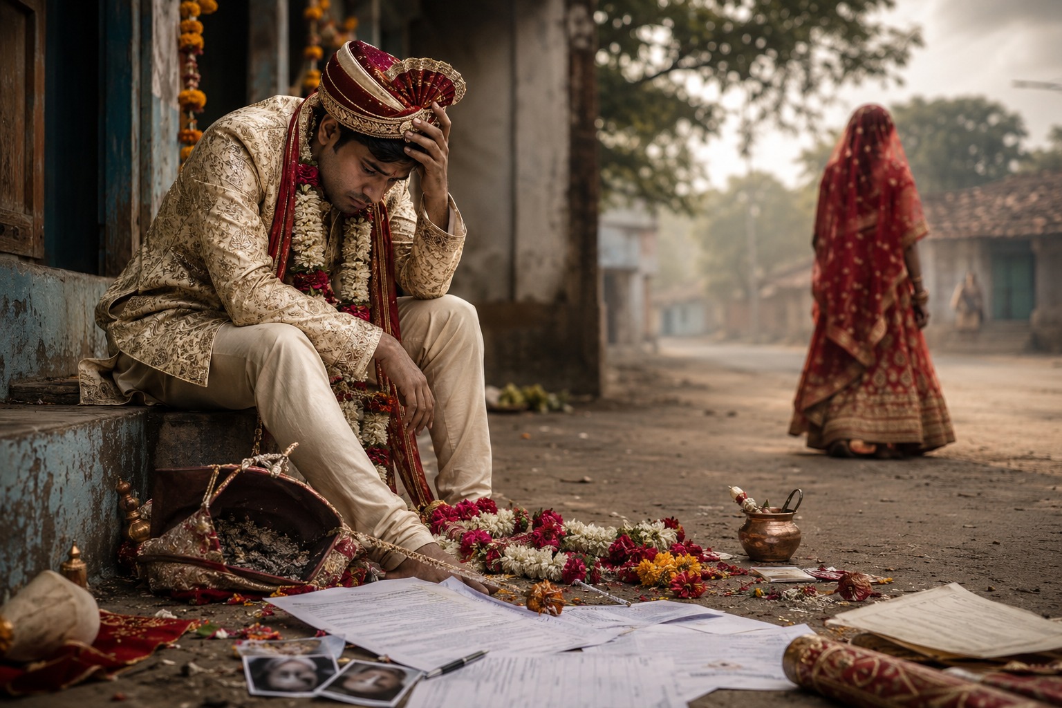 Distraught groom sitting after an alleged marriage fraud incident, with wedding decorations and documents scattered in a rural Maharashtra setting